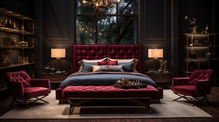 An opulent bedroom with light champagne bedding and rich merlot accent wall