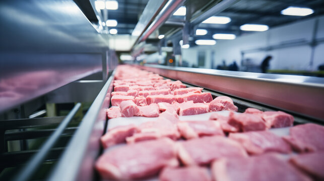 Conveyor belt filled with pink pork meat
