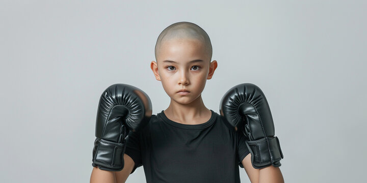 Asian teenager fighting with dangerous illness concept. Bald teenage girl with face of anger determination with black boxing gloves ready to fight cancer and any disease challenge on white background
