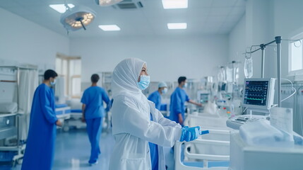 Muslim doctor in hijab working in clinic, white interior, professional, portrait