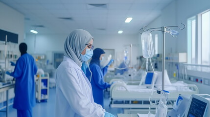 Muslim doctor in hijab working in clinic, white interior, professional, portrait