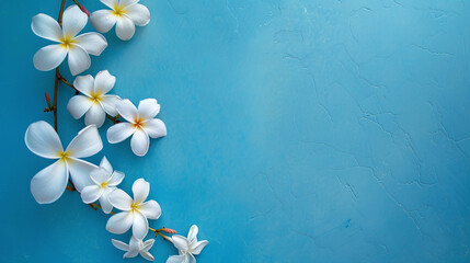 White flowers on blue background with blank space.