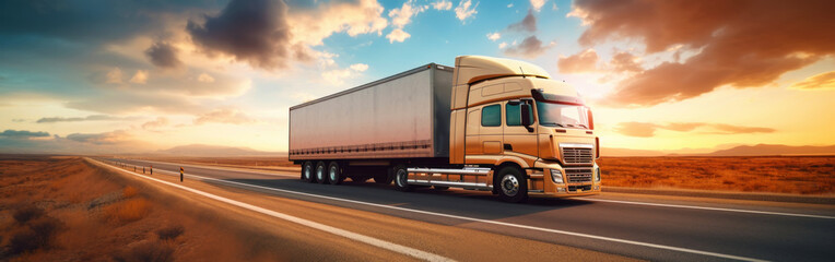 Panoramic view on large truck on a highway road through the countryside in a beautiful sunrise. Generative AI