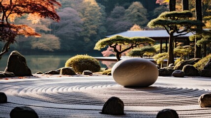 a garden with carefully raked sand and balanced stones, invoking a feeling of tranquility and inner peace