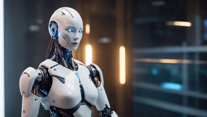 Fototapeta premium Humanoid female robot on blurred background. Concept of futuristic technology and science. Web banner of artificial intelligence and cyborg. Copy space. Ai generation
