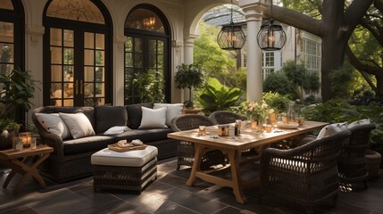 Fototapeta na wymiar An outdoor oasis with light tan and dark chocolate patio furniture