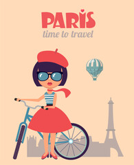 parisian girl with bike vector illustration - 745124903