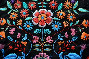 Türaufkleber Mexican embroidery vibrant flowers on black background.  © Generative ART