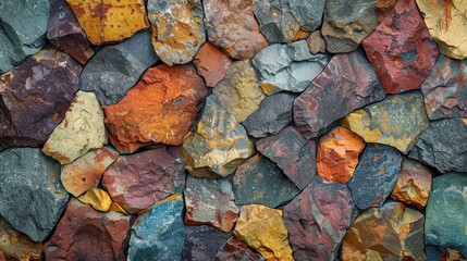 A diverse collection of multi-colored rocks creating a vibrant and eye-catching wall.