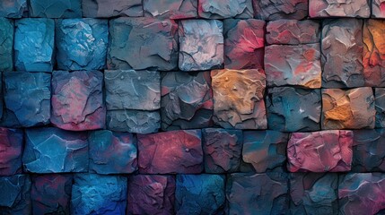 A wall comprised of rocks in various vibrant colors, creating a striking visual display of contrasts and patterns.