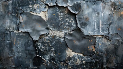 A close-up view of a black grunge concrete wall with peeling paint, revealing layers of decay and neglect.