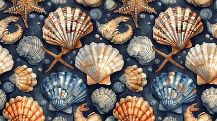 Assortment of seashells arranged on a vibrant blue backdrop, showcasing diverse shapes and sizes in a marine-inspired composition. - obrazy, fototapety, plakaty