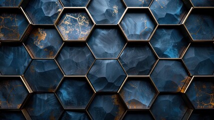 A hexagonal metallic structure painted in gold against a blue backdrop.