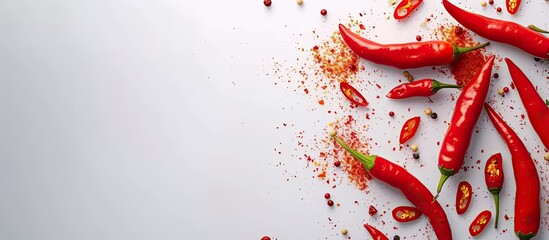 Several vibrant red cayenne peppers are placed on a clean, white surface. The peppers are varying in shape and size, creating a visually striking display.