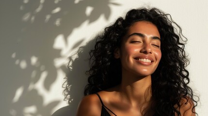A joyful woman with curly hair smiling and closing her eyes basking in the sunlight with her shadow cast on a white wall.