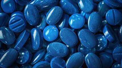A collection of blue pills piled up on a table, representing a medicinal concept. - obrazy, fototapety, plakaty
