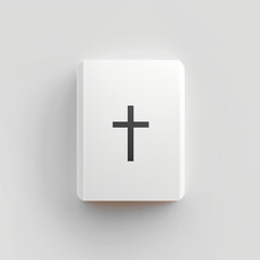 Sleek and Simple Christian Bible Icon: Cross on White Cover with Elegant Shadow on a Clean Grey Background