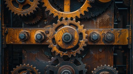 Detailed view of a metal structure featuring intricate gears and components, showcasing the mechanical complexity.
