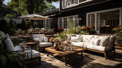 An outdoor oasis with light white and dark chocolate patio furniture