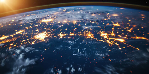 Big city lights view from space. Planet earth globe with night realistic world map. Communication...