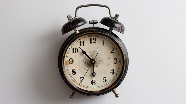 A classic alarm clock on a solid white background, suitable for adding personalized text or symbols.
