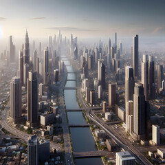 Fototapeta na wymiar aerial view of futuristic city with skyscrapers and river