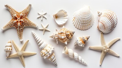 Fototapeta na wymiar A collection of seashells and starfish on a solid white background, perfect for personalized beach-themed designs. 