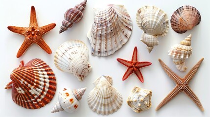A collection of seashells and starfish on a solid white background, perfect for personalized beach-themed designs.

