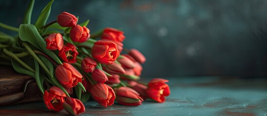 A bouquet of vibrant red tulips displayed on a rustic vintage table. The tulips stand tall and proud, adding a splash of color to the space. - obrazy, fototapety, plakaty