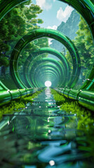A vibrant green tunnel with water flowing through it, creating a mesmerizing natural scene of movement and life.