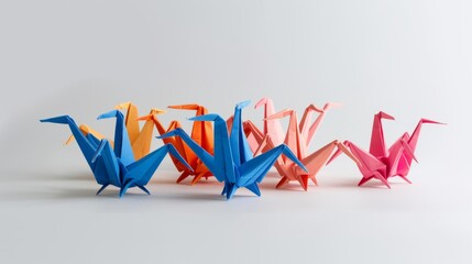 A group of colorful origami cranes on a solid white background, great for adding personalized text or patterns.
