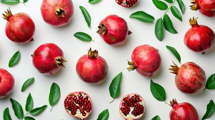 Ripe pomegranates with green leaves arranged on a white surface in a creative pattern.