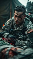 Fototapeta premium An American military medic in uniform is sitting on the ground saving a fellow soldier.