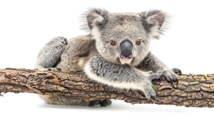 A koala is perched on a tree branch, looking around in its natural habitat.
