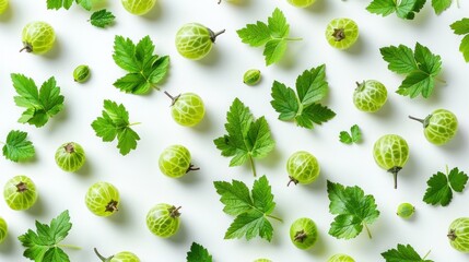 A cluster of fresh green grapes with vibrant leaves arranged on a clean white surface.