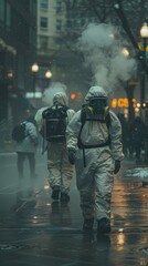 A group of people wearing bio hazard suits walks down a city street in the rain.