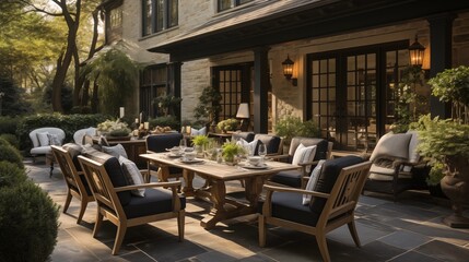 An outdoor oasis with pale ivory and deep slate gray patio furniture