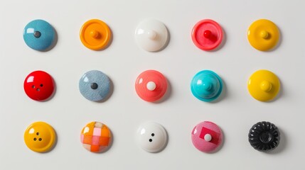 A selection of colorful buttons on a solid white background, ideal for adding personalized text or designs.
