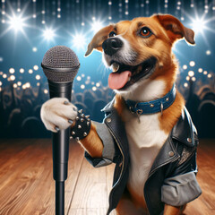 Funny dog in black leather jacket singing - obrazy, fototapety, plakaty