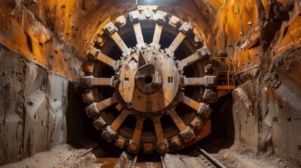workers construct the tunnel in the rock with modern equipment and boring machines