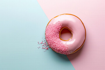 Top view of a pink donut with sprinkles on pastel background for food themes.