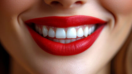 Close-up of Womans Mouth With Red Lipstick And a white-toothed smile