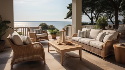 Fototapeta na wymiar An outdoor oasis with pale seashell and deep ocean patio furniture
