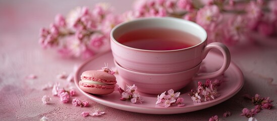 Fototapeta na wymiar A pink cup filled with herbal tea sits alongside two pink macaroons on a table. The delicate and colorful treats add a touch of sweetness to the scene.