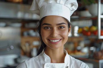 Indian woman wearing chef uniform in luxury hotel restaurant kitchen