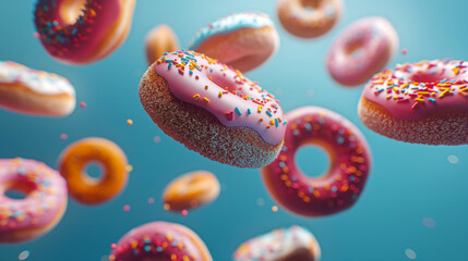 Floating colorful donuts with sprinkles in a cheerful, whimsical 3D rendering.