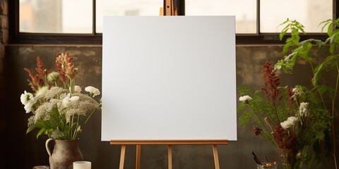 blank white mockup of a white canvas on an easel as a welcome sign at a wedding with many plants flowers view - obrazy, fototapety, plakaty