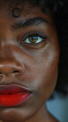 A close-up view of an African American womans face showcasing vibrant red lipstick.