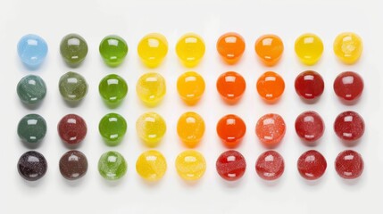 Fototapeta premium A selection of colorful candies arranged neatly on a solid white background, great for personalized sweet-themed designs. 