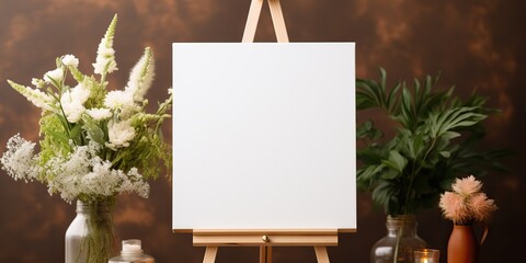 blank white mockup of a white canvas on an easel as a welcome sign at a wedding with many plants flowers view - obrazy, fototapety, plakaty